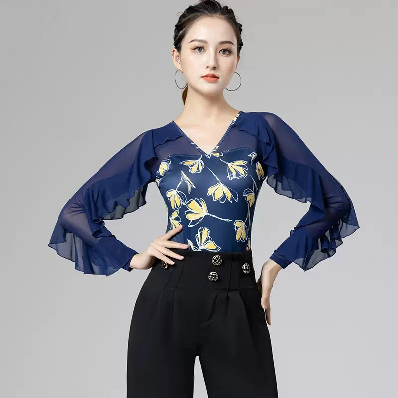 

Long Sleeve Ballroom Dance Clothes Blue/Green Printing Bodysuit Waltz Dancing Practice Wear ChaCha Latin Dance Costume DL9904