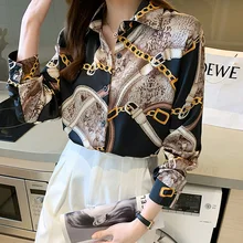 

Silk Women's Blouse Print Polo Girl's Shirt New Casual Loose Long Sleeve Top Chiffon Plus Size Summer Lady Blusas Houthion