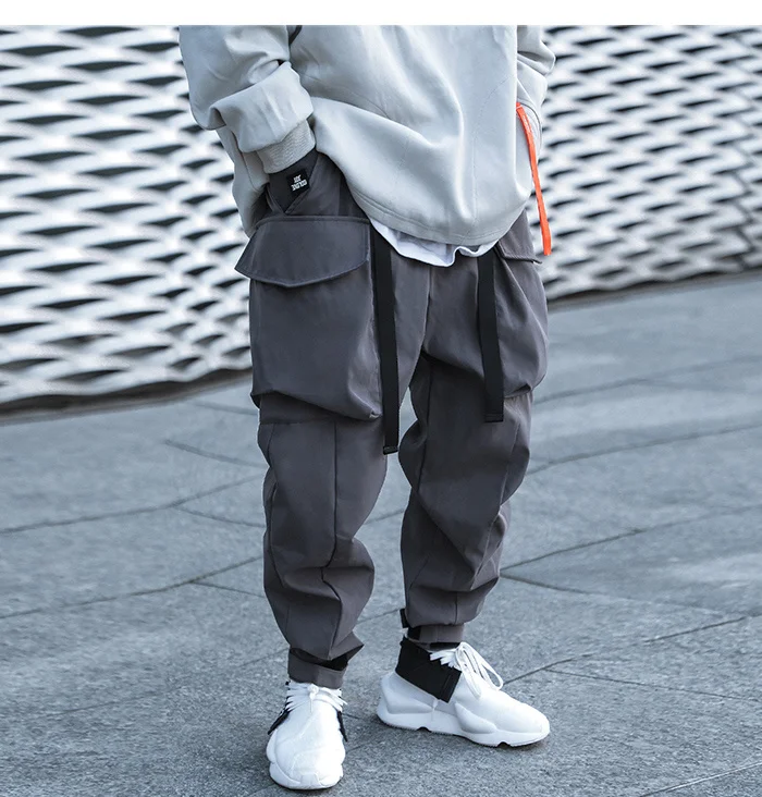 Hop Hip Rope Ribbons Casual Loose Men Pants Joggers Trousers Streetwear Techwear Cargo Pants Sweatpants cargo jeans