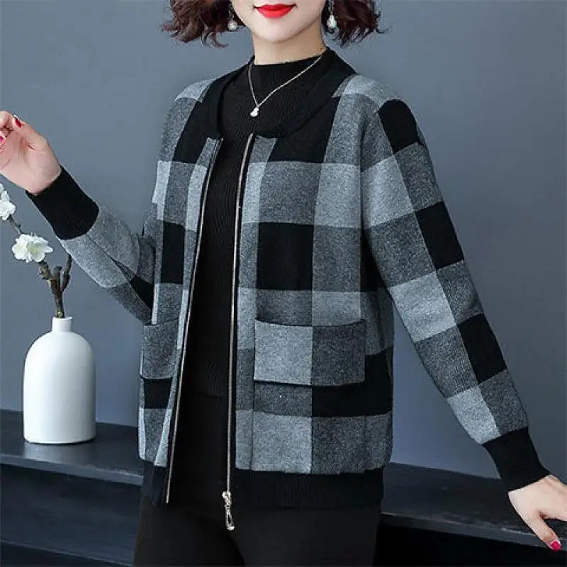 Autumn Winter Plaid Print Short Coats Long Sleeve O-neck Zipper Plus Size All-match Tops Vintage Fashion Casual Women Clothes