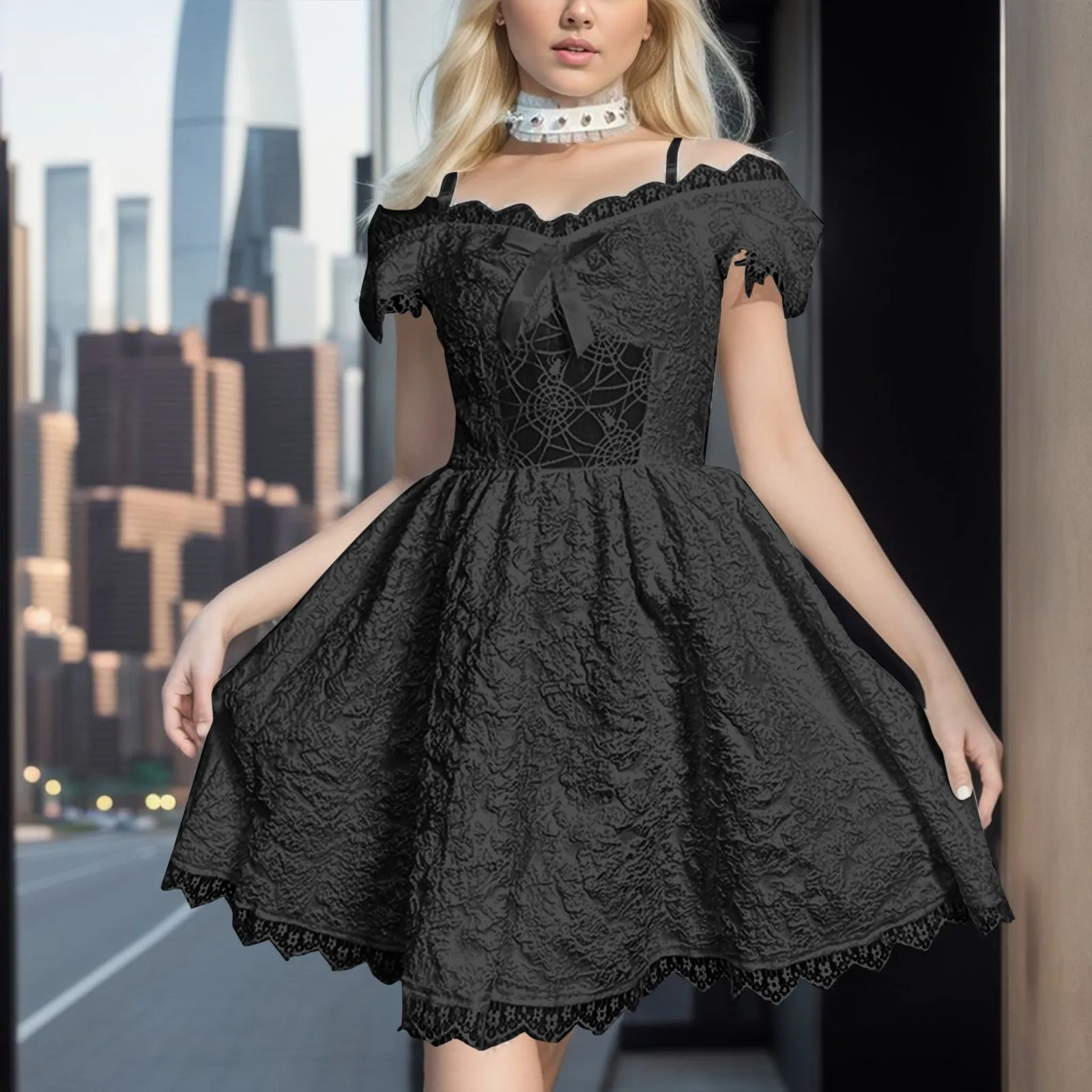 

Women Dress Black Long Sleeve Sexy Lace Splice Punk Party Ladies Gothic Dress Wrap Summer Dress for Women