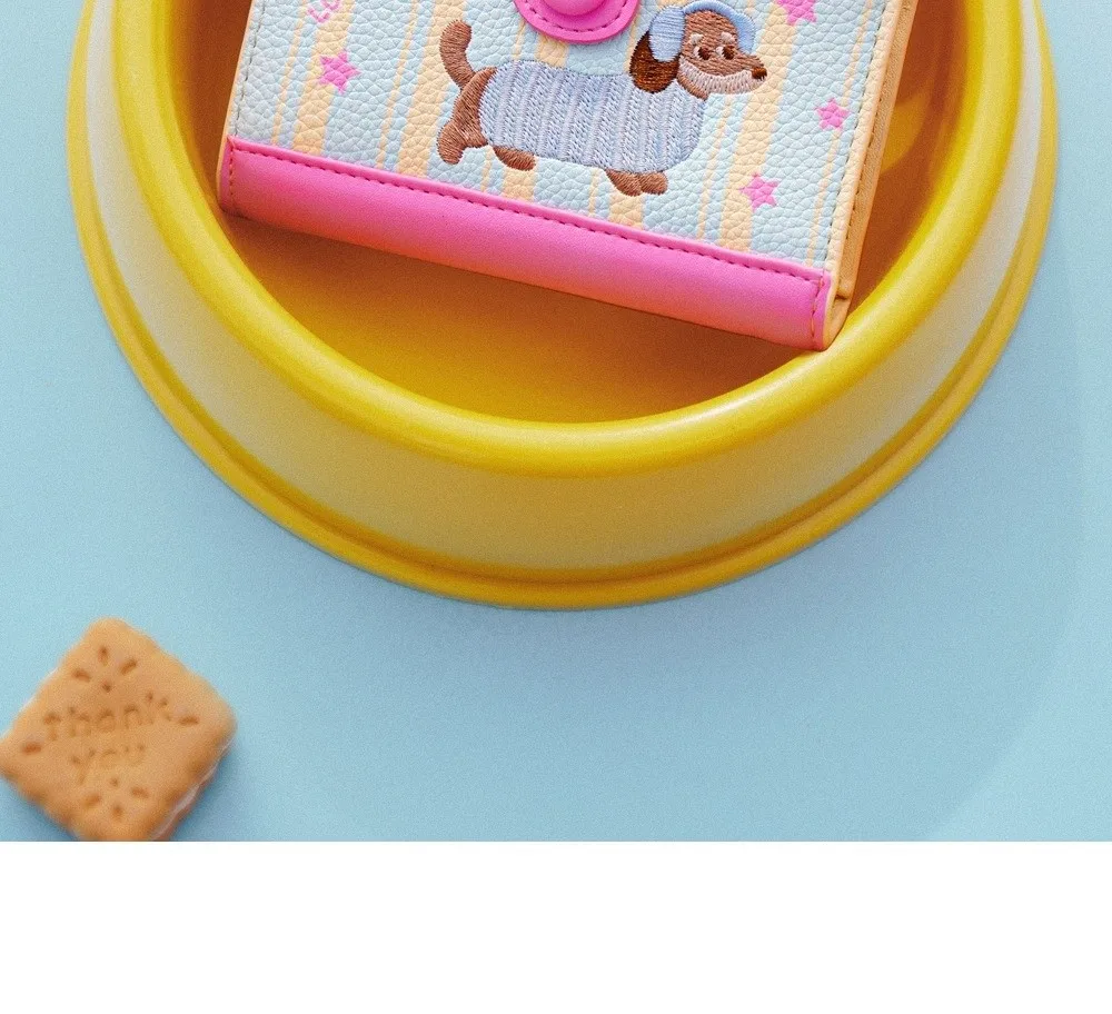 Korean Style Dachshund Embroidery Short Wallet Dopamine Color Zipper Card Bag PU Cartoon Dog Coin Purse Women Girl