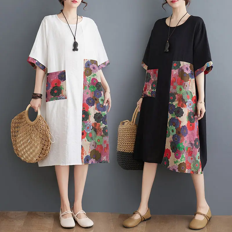 

Large Size Women's Casual Dress 2023 Summer Cotton And Linen Short Sleeve Temperament Slim Spliced Straight Dress Midi Z1430
