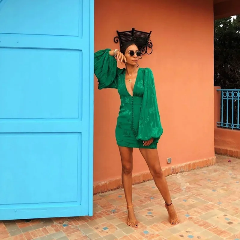 

Sexy Deep V Neck Jacquard Lantern Sleeve Dress Women Party Banquet Nightclub Clothing New Green Mid-Waist Long Sleeve Dresses