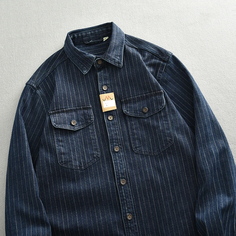 Denim Shirt Long Sleeved Shirt 17oz Heavyweight Retro Casual Wear Men's Shirt Coat Washed Denim Cargo Jeans Oversized Tops Vertical Stripped Long Sleeve Male