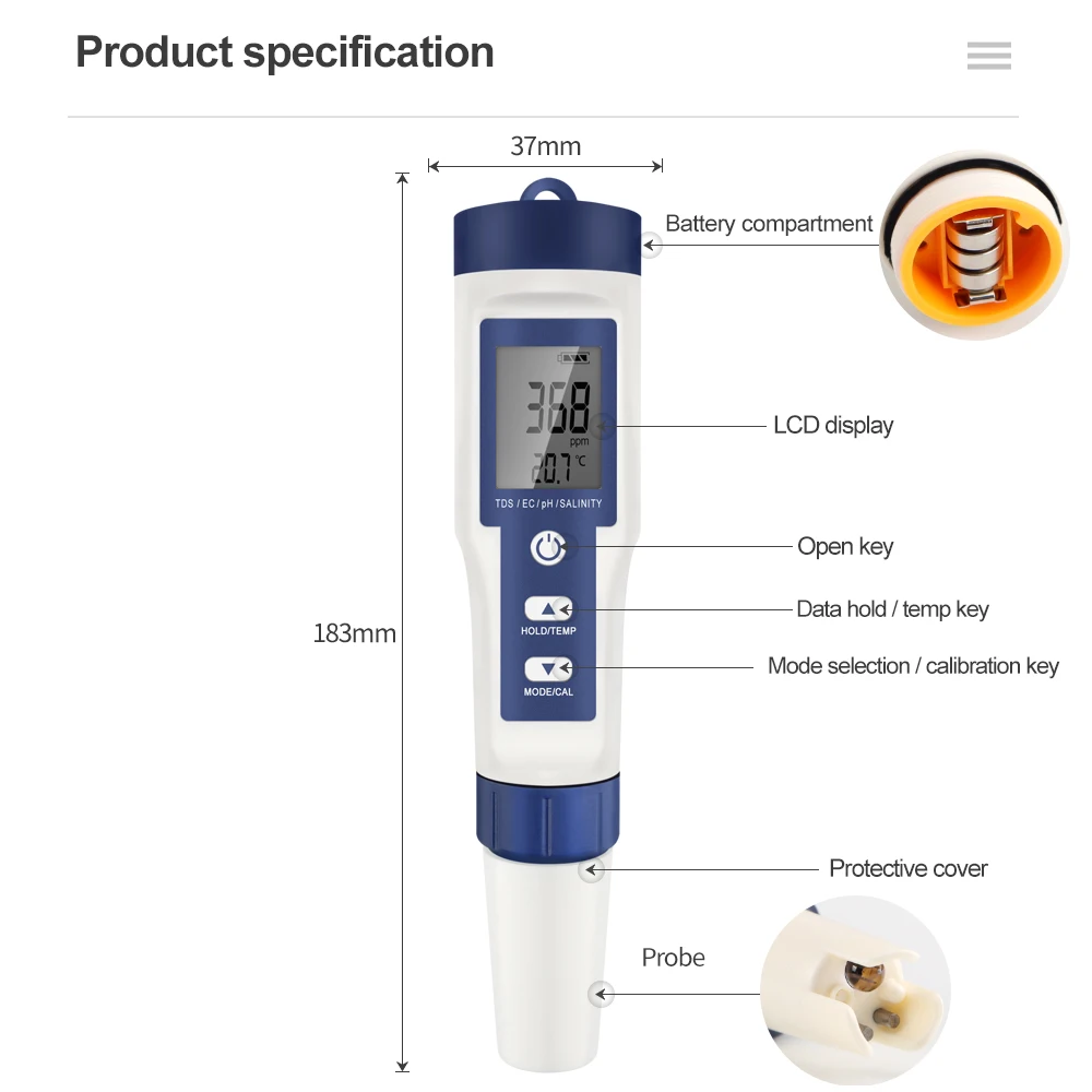 5 In 1 Digital PH TDS EC Meter Pen Salinity Temperature Tester Conductivity Filter Purity with Backlight for Aquarium Water 6
