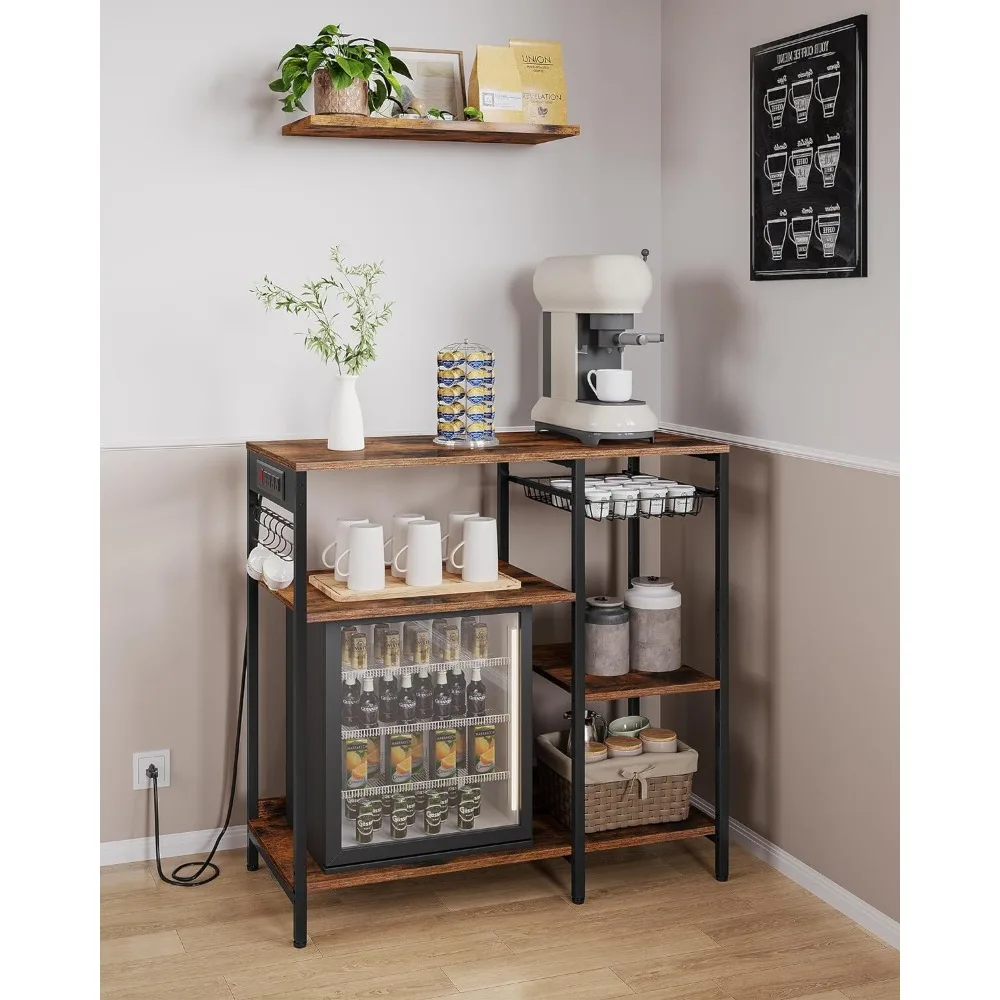 

Kitchen island counter with charging station, storage rack, and pull-out metal wire basket, with microwave table,for kitchen use