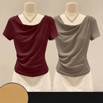Summer Off Shoulder Top Women Summer Fashion Versatile Base Shirt Plus Size Slim Fit Short-sleeved T-shirt Casual and Sexy Beach 1