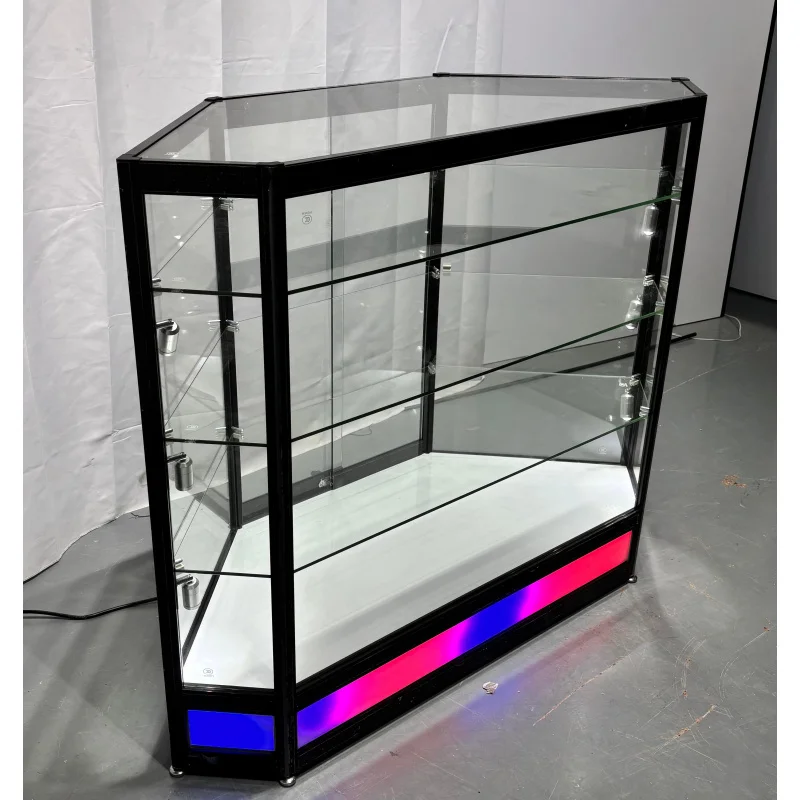 맞춤형 LED 알루미늄 프레임 코너 쇼케이스 강화유리 및 컬러 조명 포함 담배 및 보석 상점용