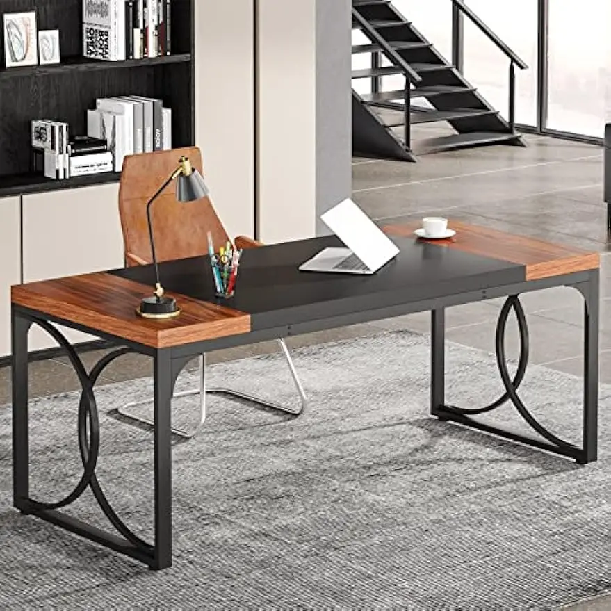 

63" Executive Desk, Large Office Computer Desk with Strong Metal Frame, Industrial Thicken Wood Workstation Business Furniture