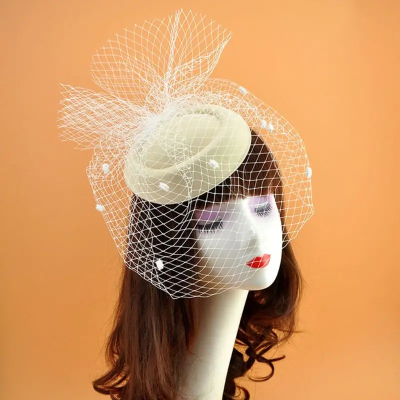 Womens Felt Fascinator Hat Mesh Veil Small Plush Point Decor Hair Clips Wedding Bridal Cocktail Headwear