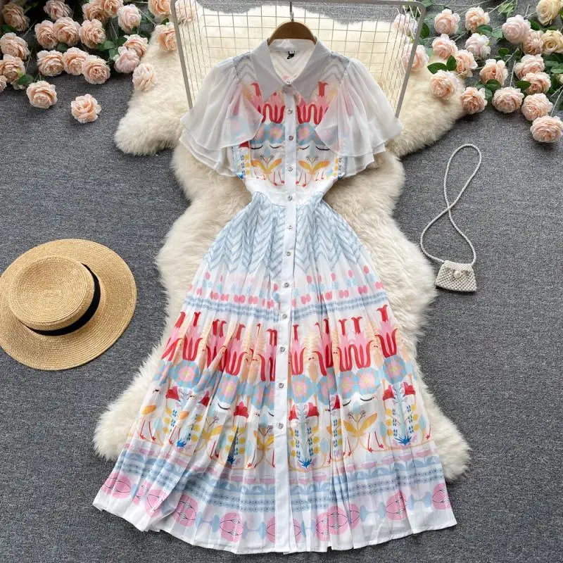 

Feminine Positioning Printing Flounce Sleeve Large Swing Long DressLapel Single Breasted High Waist Thin A-line Dress