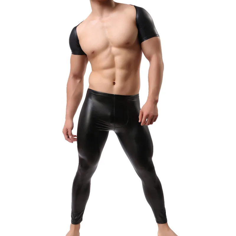 Sexy Mens Wet Look Faux Leather Crop Tops Muscle Arm Short Sleeves Shrug Stage Dance Clubwear Tight Long Pants Men Clothes Set