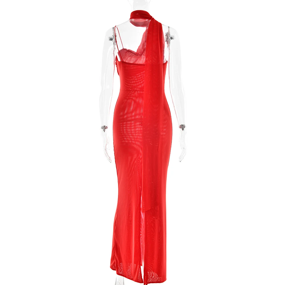 Elegant Single Shoulder Mesh Double Layer Bodycon Party Club Evening Dress Sexy Backless Vestido Autumn/Winter Clothing