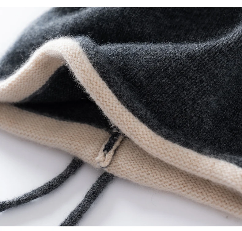 Damenmütze aus 100% reinem Kaschmir mit Kordelzug, Gesichtsformend, Winterwarme Strickmütze mit Farbblock und Rollrand – Detail 15