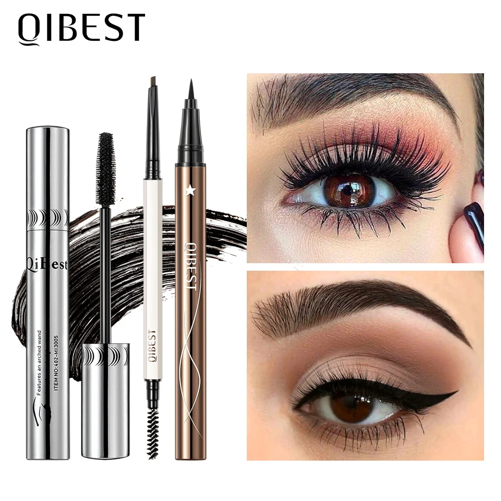 

QIBEST Eyes Makeup Sets 3Pc 4D Eyelash Mascara Waterproof Eye Liner Pencil Long Lasting Eyebrow Pencil Eyes Cosmetic Kit Mascara