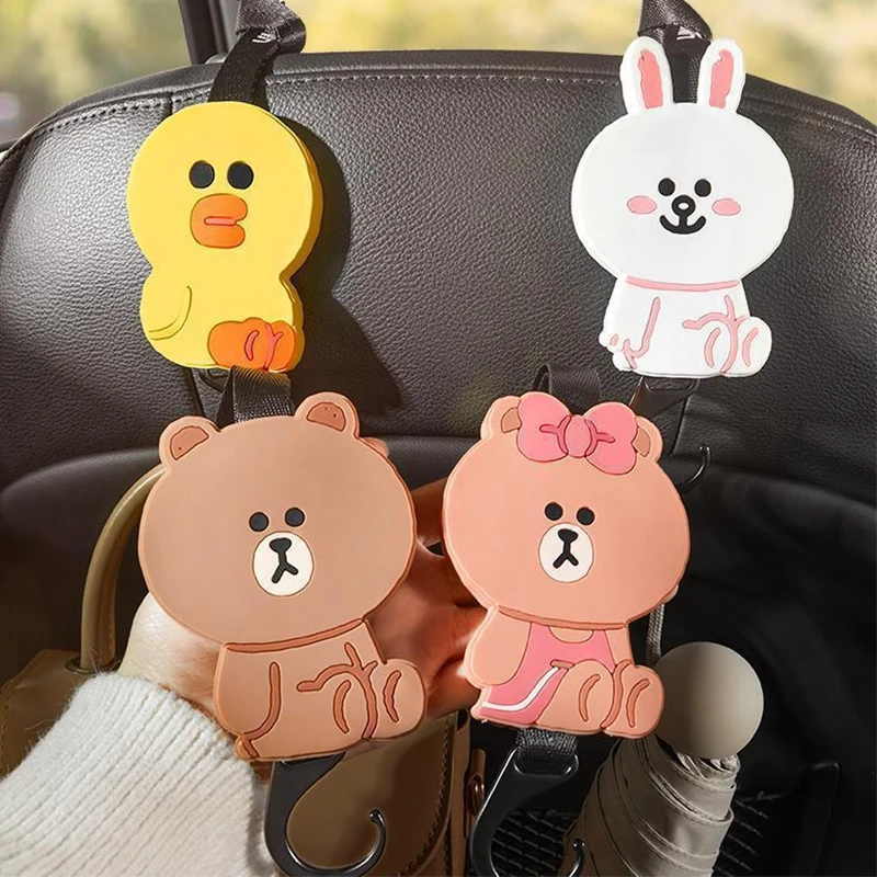 1Pc Anime Brow Bear Car Hook Kawaii Cony Sally Choco Creative Car Seat Back Hanger Ganci Accessori Moda Organizer Hanger