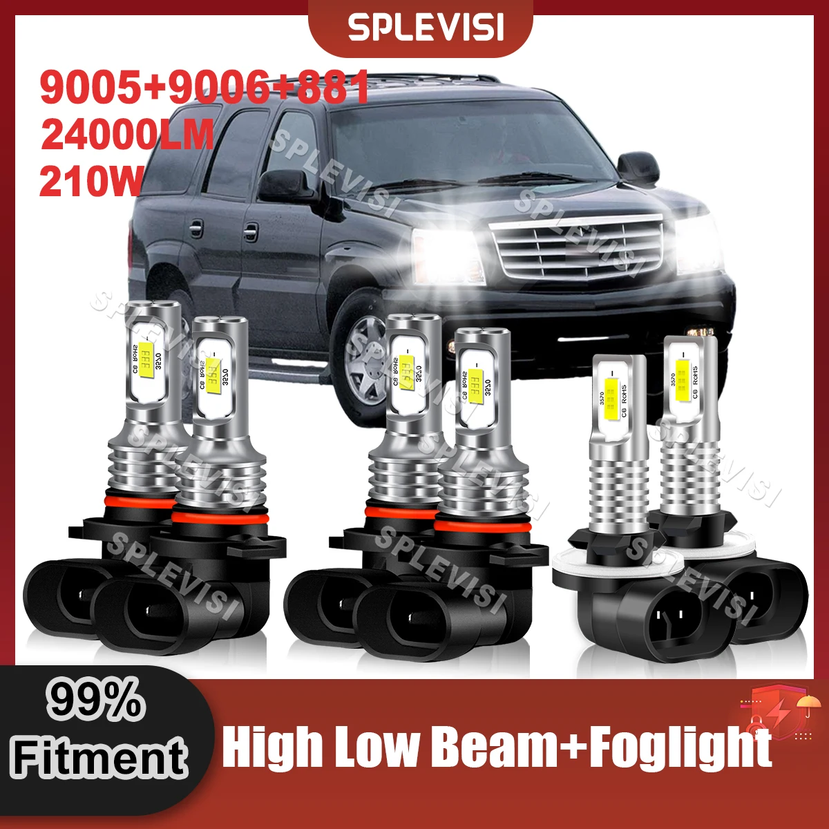 

Pure White LED Headlight 9005 High Beam+9006 Low Beam+881 Foglamp CSP Chip For Cadillac Escalade 1999 2000 2001 2002 Car Light