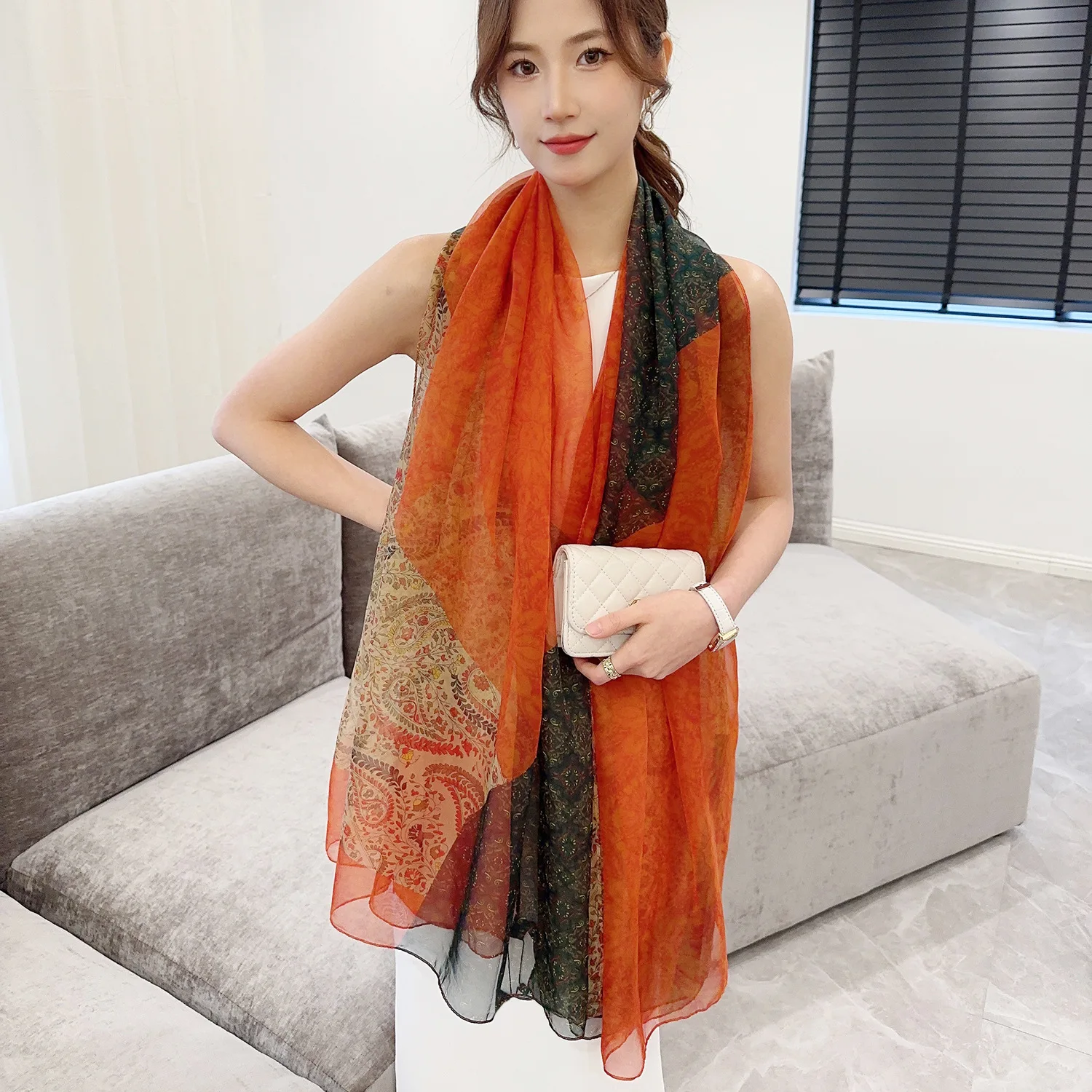 Print Silk Scarf Hijab Women Spring Deisgn Soft Beach Stoles Elegant Head Scarves Echarpe Shawl Satin Large Wrap Echarpe Bandana 4