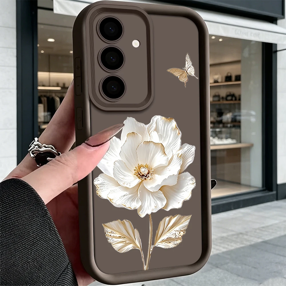Golden Flower Butterfly Shockproof Matte Soft TPU Case, Elegant Protective Back Cover