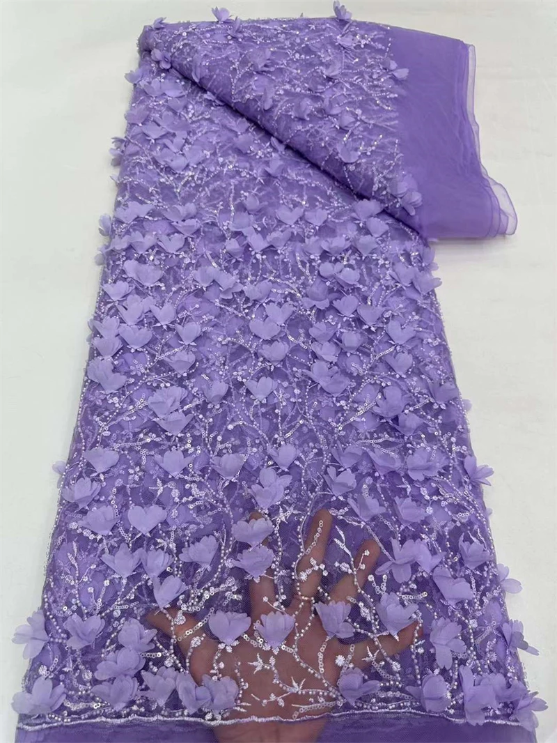 

African 3D Flower Lace Fabrics, Sequins Beads Embroidery, French Tulle, Nigerian Wedding Material, High Quality, Latest, 2024