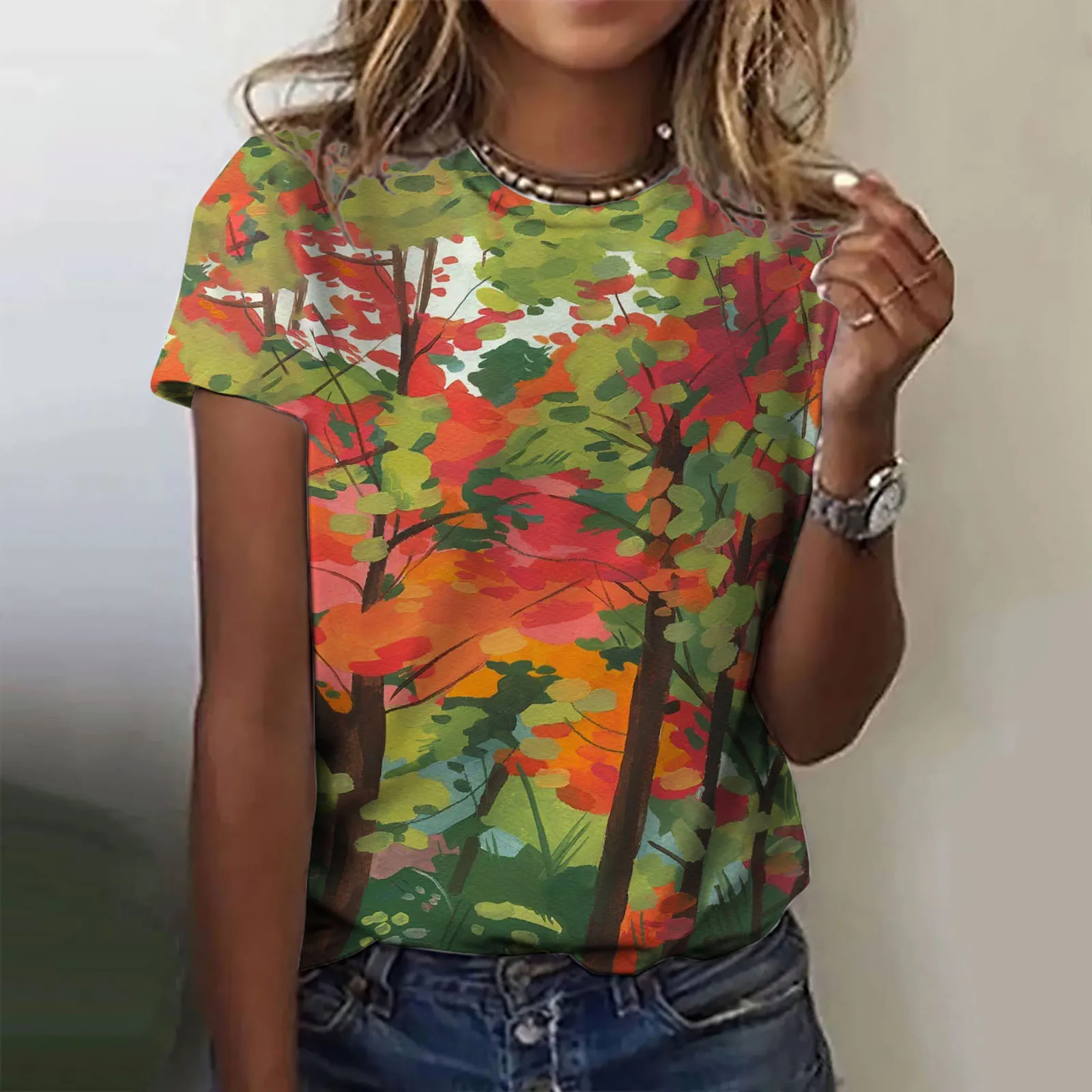 

Women's T-Shirt Summer Short Sleeve Loose Casual Maple Leaf Print Top Funny Pattern Pullover T Shirts for Girls Sweater