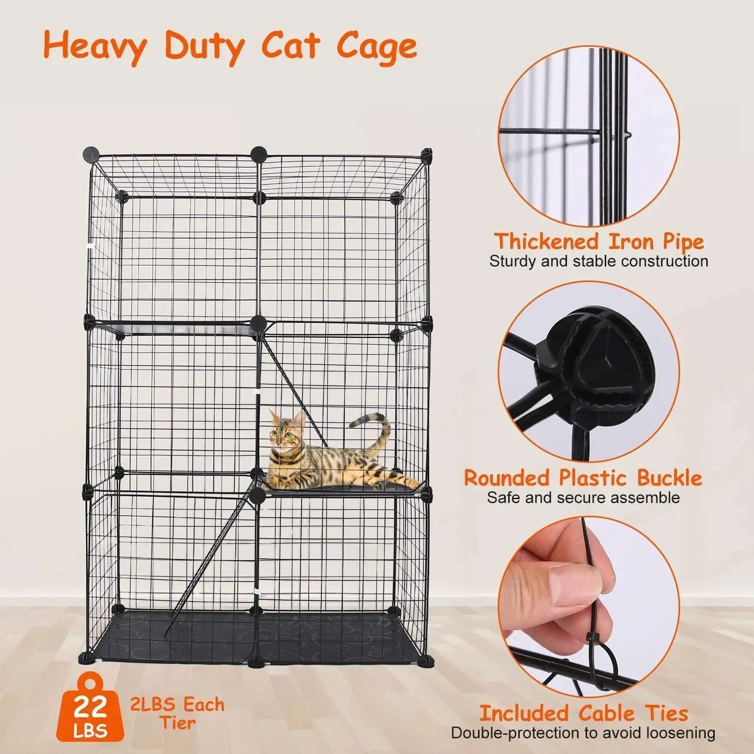 Detachable 3-Tier Cat Cage Playpen for Kittens, Puppies & Bunnies-Indoor House with 3 Doors (Black, 28.15x13.97x42.12in)