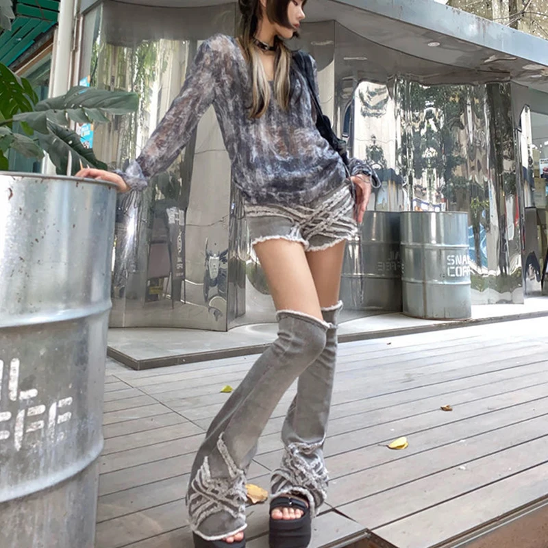 フラワーオブライフ デニムジーンズショートパンツy2kレッグウォーマー