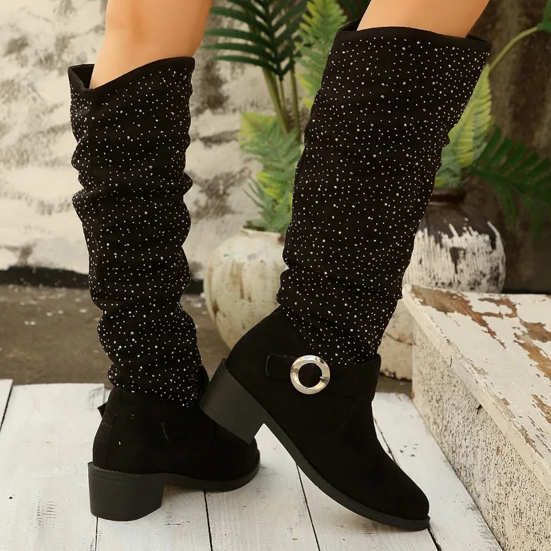 Pointed Toe Knee High Boots for Fall Winter Sparkling Cuff Design Metal Buckle Accents Thick Heel Soft Comfortable Inner Lining