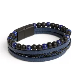 Classic Men's Leather Bracelet with Tiger Eye Beads - Fashionable Multi-Layer Design - 20cm (Lapis Lazuli)