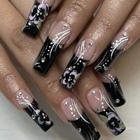 Mid-length Coffin Fake Nails 24Pcs White French Tip Ballerina Press On Nail Pink/White Flower Printed Spring/Summer DIY Manicure 5