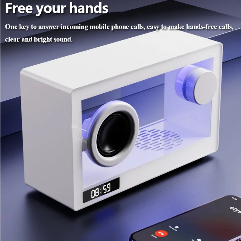 Hi-Fi Portable Retro Bluetooth Speaker Clock Wireless Transparante Soundbar with LED Colored Ambient Light TF Card Music Player