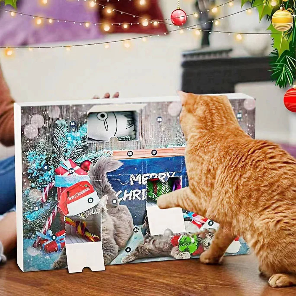 Christmas Cat Advents Calendar 24 Days Countdown Calendar Surprise Present Box Collectible Interactive Cat Toy Kit for Lover