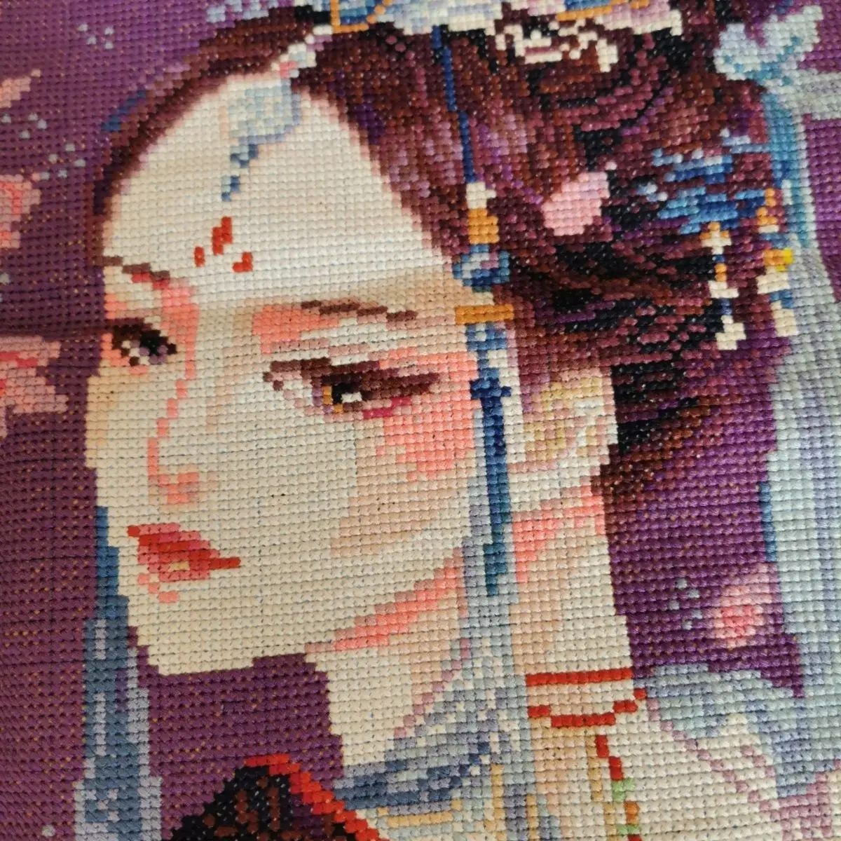 [순수 수제 크로스 스티치 완제품] 보라색 옷, 꽃단, 그림 하트 사이즈 47 × 64, 침실, 서재, 레스토랑