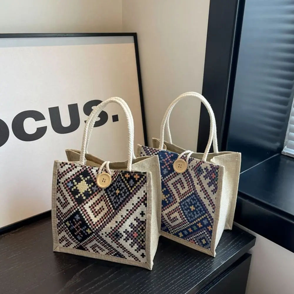 

Холщовая Сумка в этническом стиле с принтом, повседневная вместительная Портативная сумка для обеда из льняной ткани для девушек, мамочка