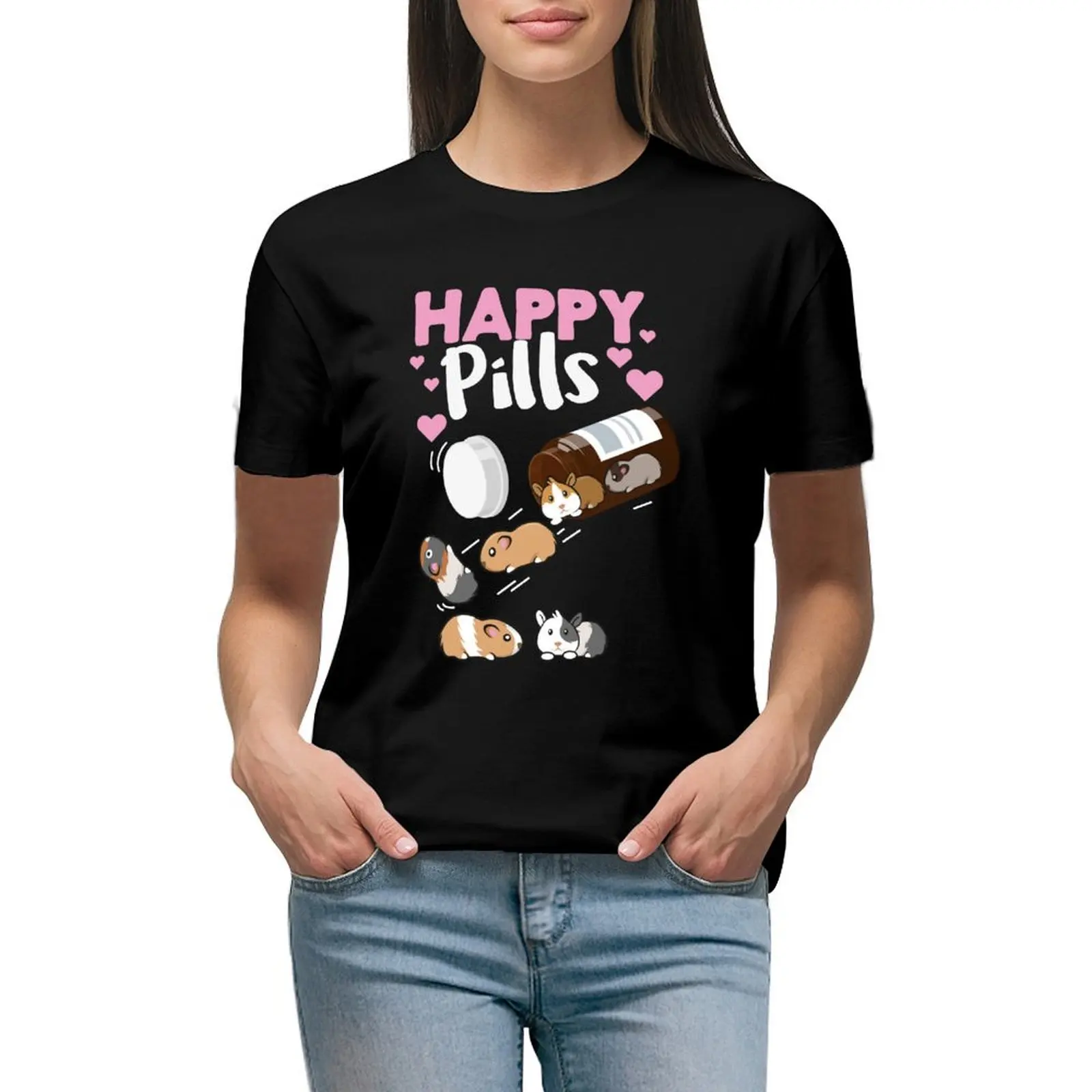 

Happy Pill Guinea Pig Tee, Guinea Pig graphic T-shirt Short sleeve tee summer top lady clothes t shirts for Women loose fit