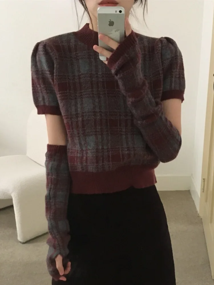 Chic Winter Anti-Aging round Ne Color Blo Plaid Casual Versatile ort Sve Sweater Women's Sve Set Commute Sle Re...