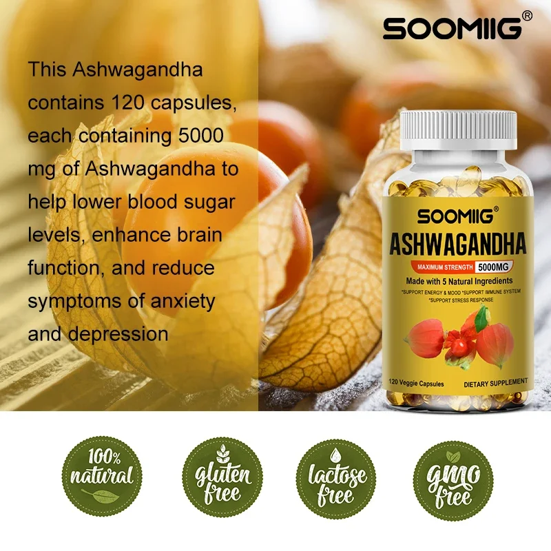 Ashwagandha Supplement Organic Ashwagandha Capsules 5000 Mg Promotes Stress Relief Natural Mood and Focus Natural Energy Supplement Unisex
