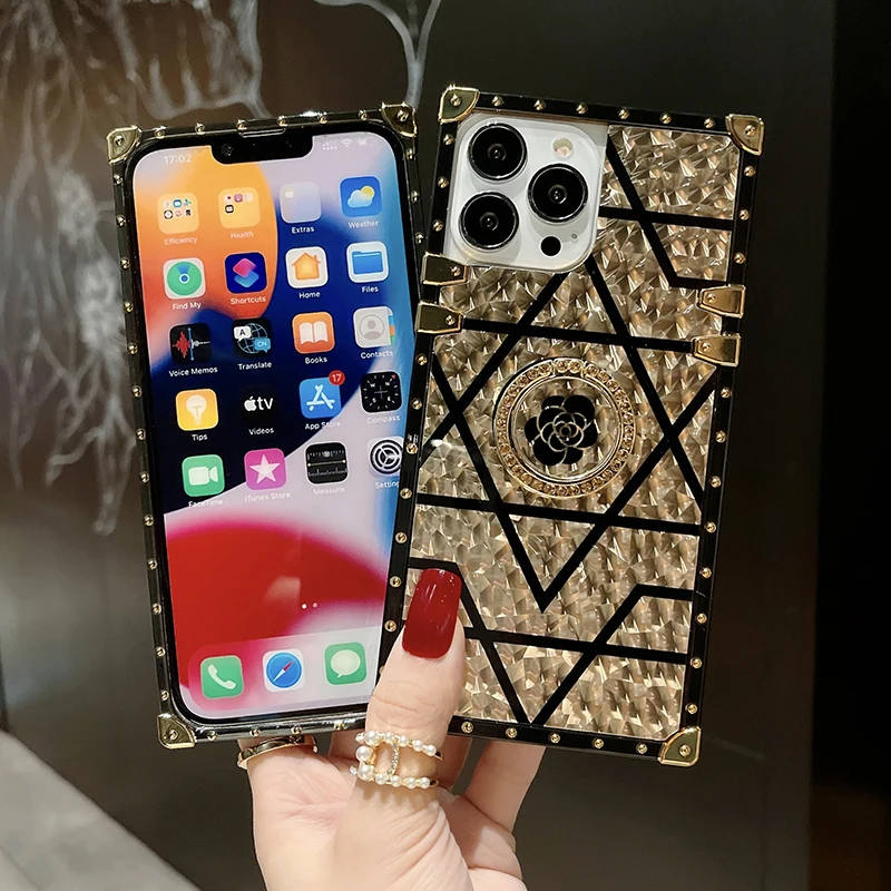 Black gold Luxury square Fashion Brand Stand Phone Case For iPhone