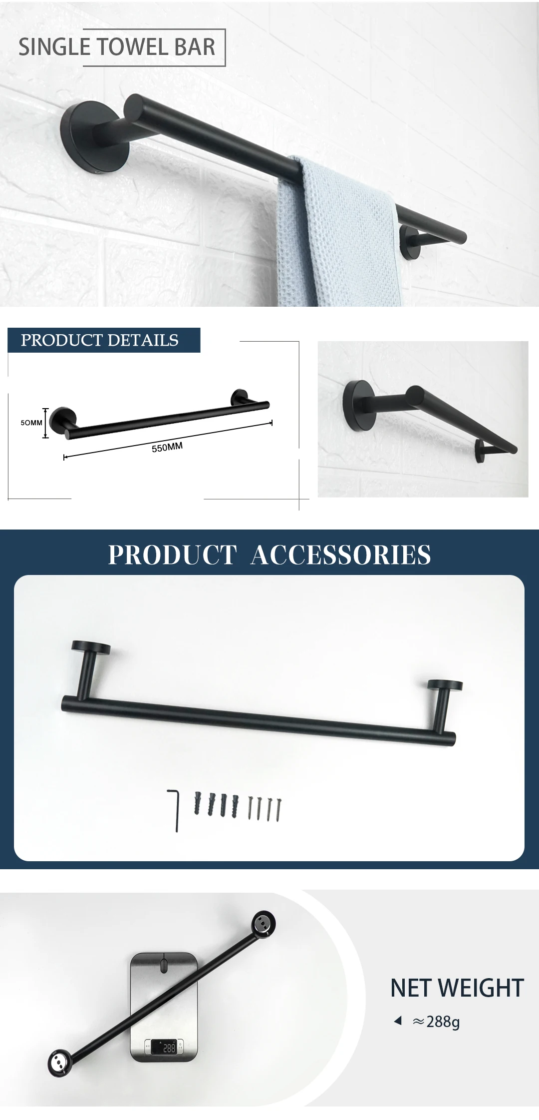 Description Picture 3 of itemMatte Black 4-Piece Set Bathroom Accessories 304 Stainless Steel Wall Mount Toilet Paper Holder Towel Bar Ring Robe Hook