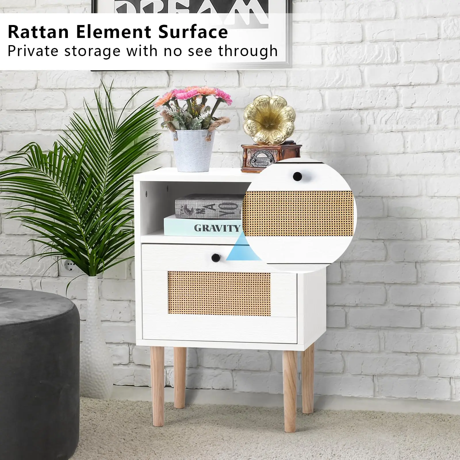 Modern Bedside Table with Rattan Drawer, Bed Side Table with Storage Shelf & Solid Wood Feet, End