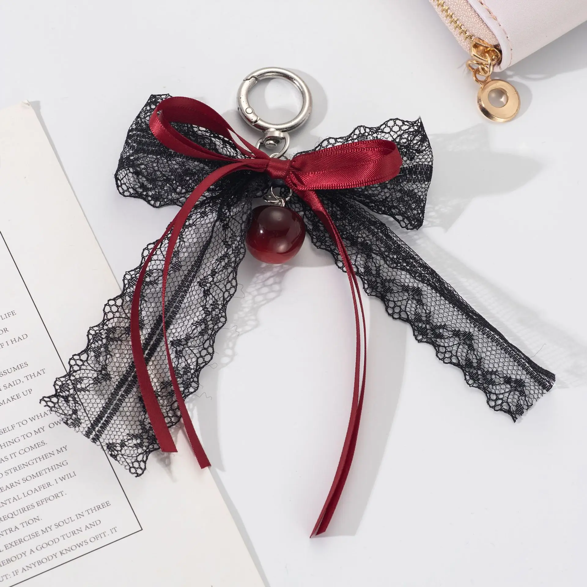 Lace bow Keychain Hollow Red Ribbon Cherry Pendant Women Handbag and Backpack Key Chain Exquisite Ornament Holiday Gift Decor