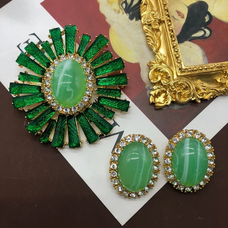 French vintage luxurious green striped sunflower brooch and cloud patterned earrings