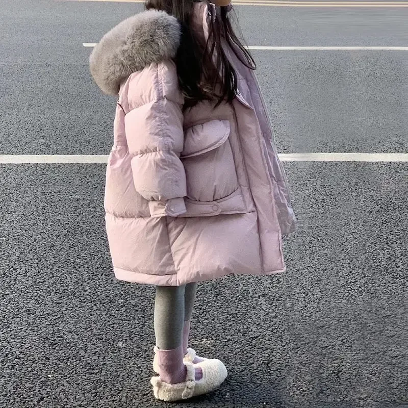 

Girl's stylish large fur collar hooded down cotton jacket children's medium length cotton jacket 2024 new thickened warm jacket