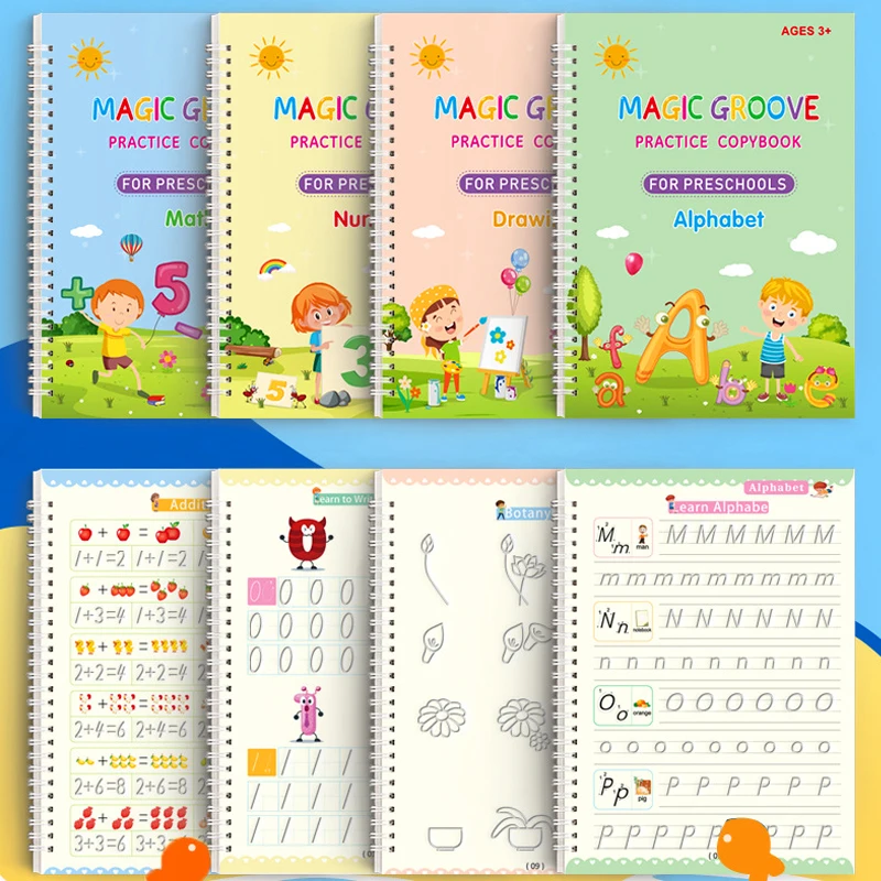Magic Groove Practice Copybook Pen para Crianças, Livro de Escrita Reutilizável, Verison Inglês, Caligrafia, Free Wiping, Crianças, Pré-escolar, 4pcs