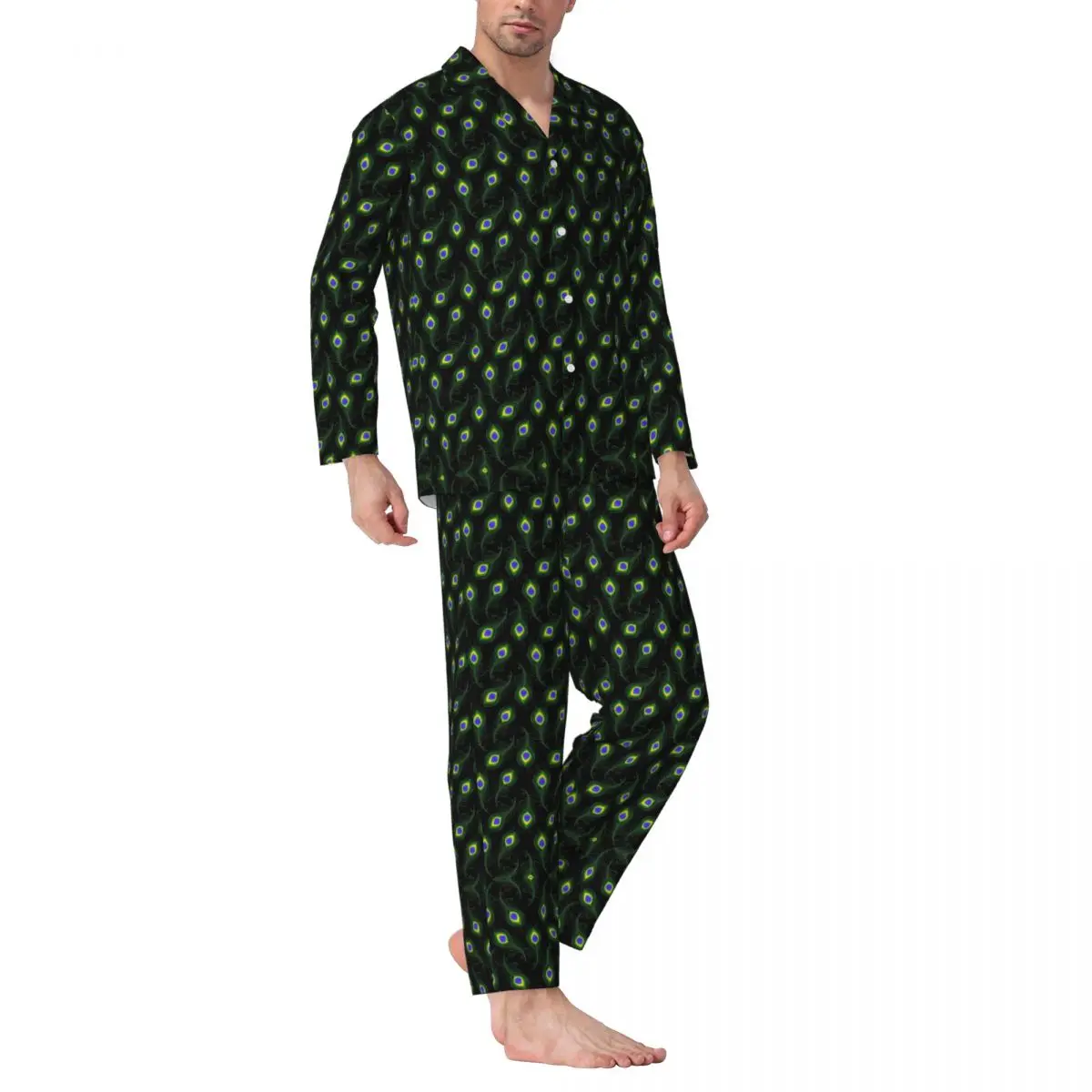 

Пижама Мужская с павлиньими перьями, одежда для сна с животным принтом, 2 предмета, повседневный пижамный комплект с длинным рукавом, теплый домашний костюм большого размера