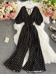 Summer Vintage Women Polka Dot Romper Sexy V-Neck Puff Short Sleeve High Waist Backless Wide Leg Jumpsuits Female New Fashion