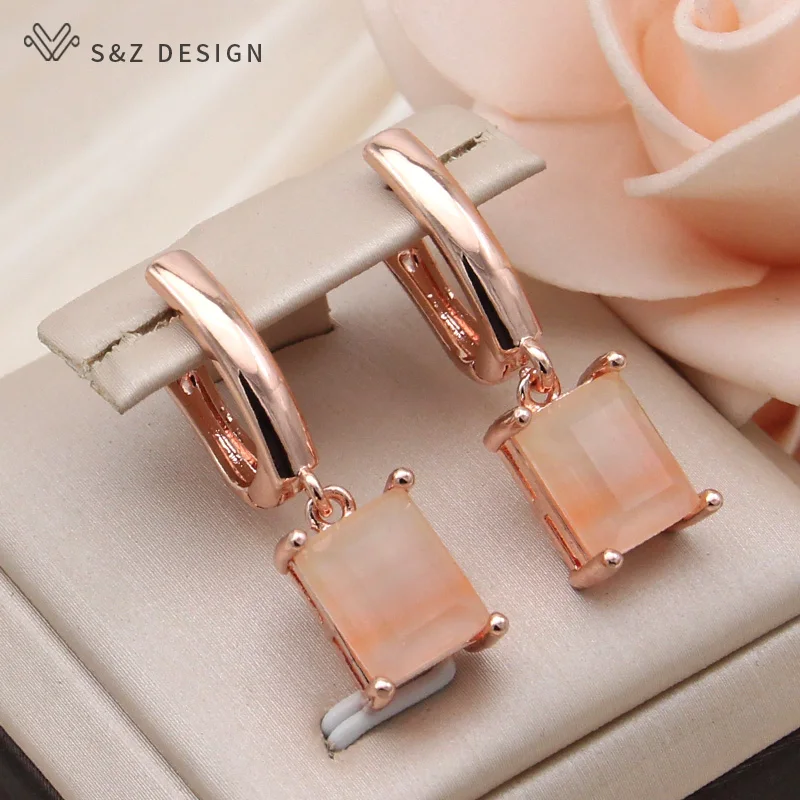 S&Z DESIGN New Fashion Rectangle Imitation Tourmaline Dangle Earrings For Women  Wedding Party 585 Rose Gold Color Jewelry