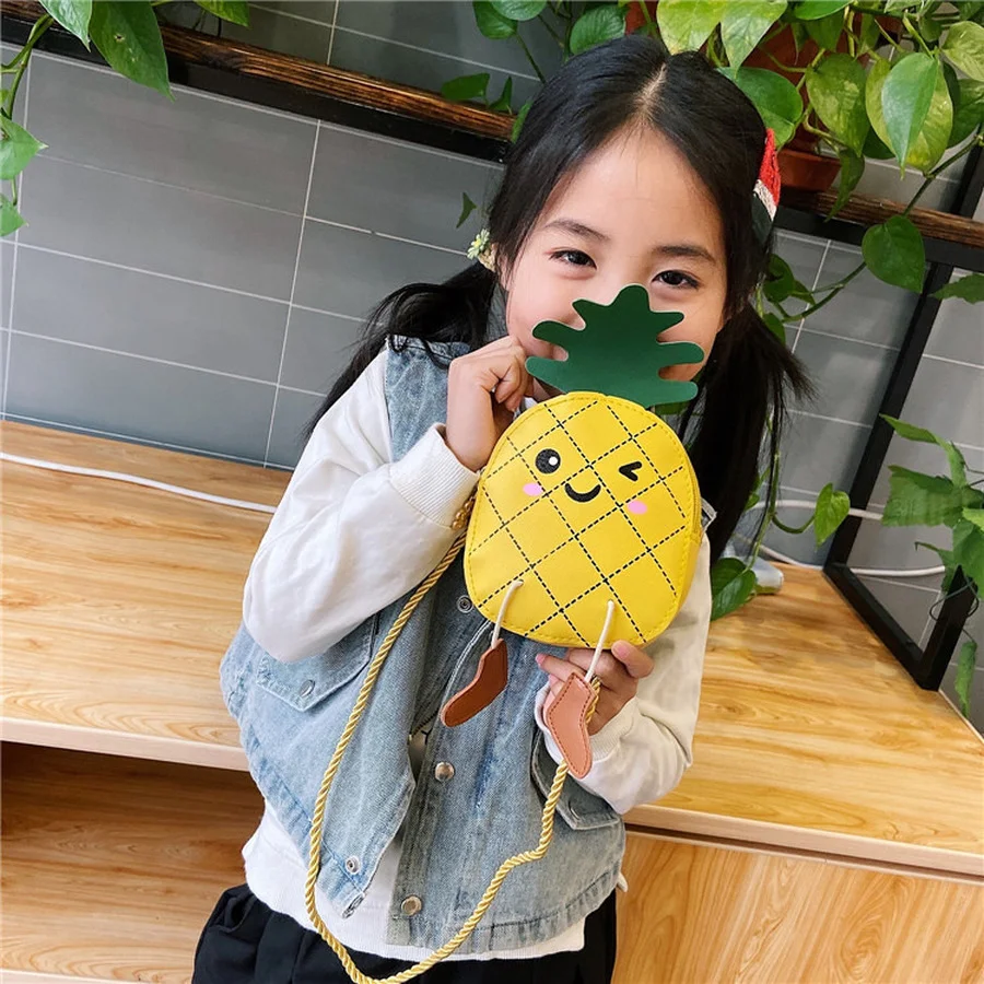 

New cute pineapple children's bag little girl messenger bag fashion cartoon PU shoulder bag coin purse small Crossbody Bags