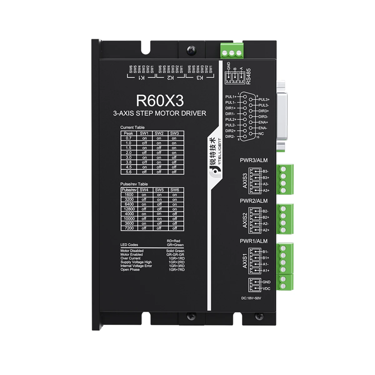 Rtelligent Nema 23 24 3축 스테퍼 모터 드라이버 R60X3 V4.0 5.6A 18-48VDC 펄스 제어 지원